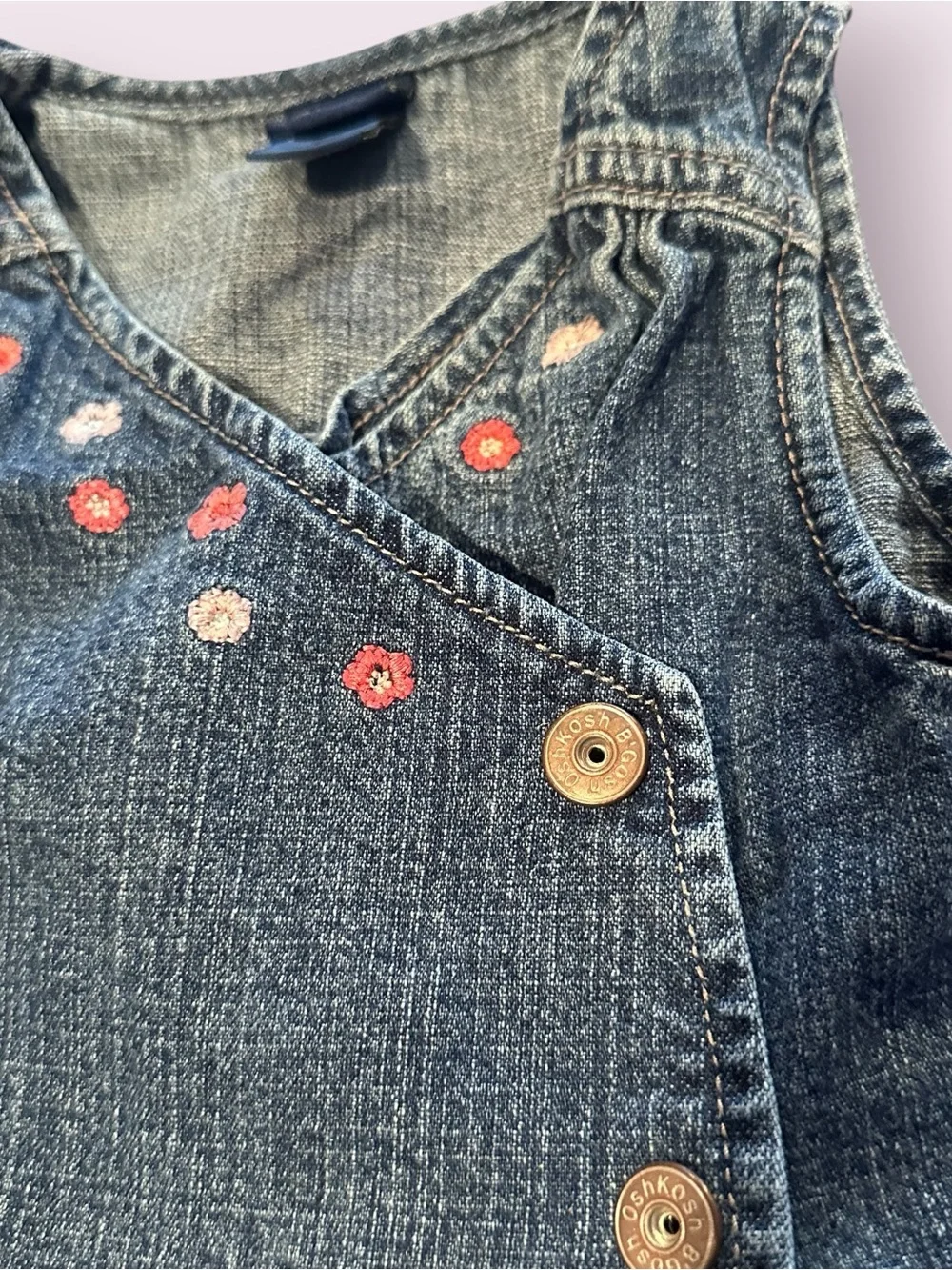 Vintage OshKosh B'gosh Denim Wrap Dress Floral Embroidery Size 12 Months